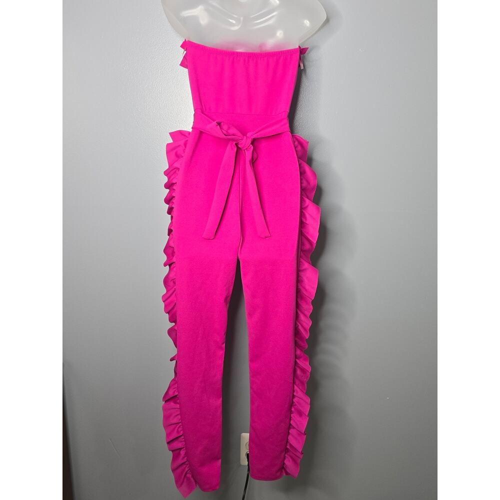 AKIRA Hot Pink Strapless Ruffled Side-Trim Jumpsuit - Picture 5 of 6